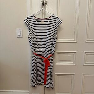 Holly & Whyte XL Cap-sleeve navy/white stripe dress with neon orange tie,